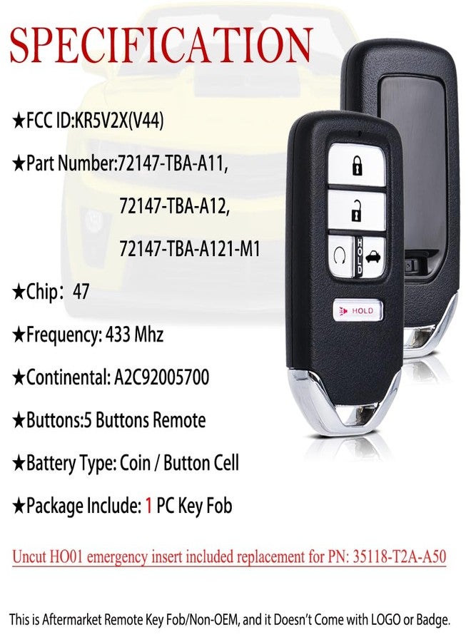 MechanMagic Key Fob Remote Replacement Fits for Honda Civic 2016 2017 2018 2019 2020 2021 KR5V2X Smart Proximity Keyless Entry Remote Control Uncut 5 Buttons 433Mhz KR5V2X(V44) 72147-TBA-A11/A12 - Image 4